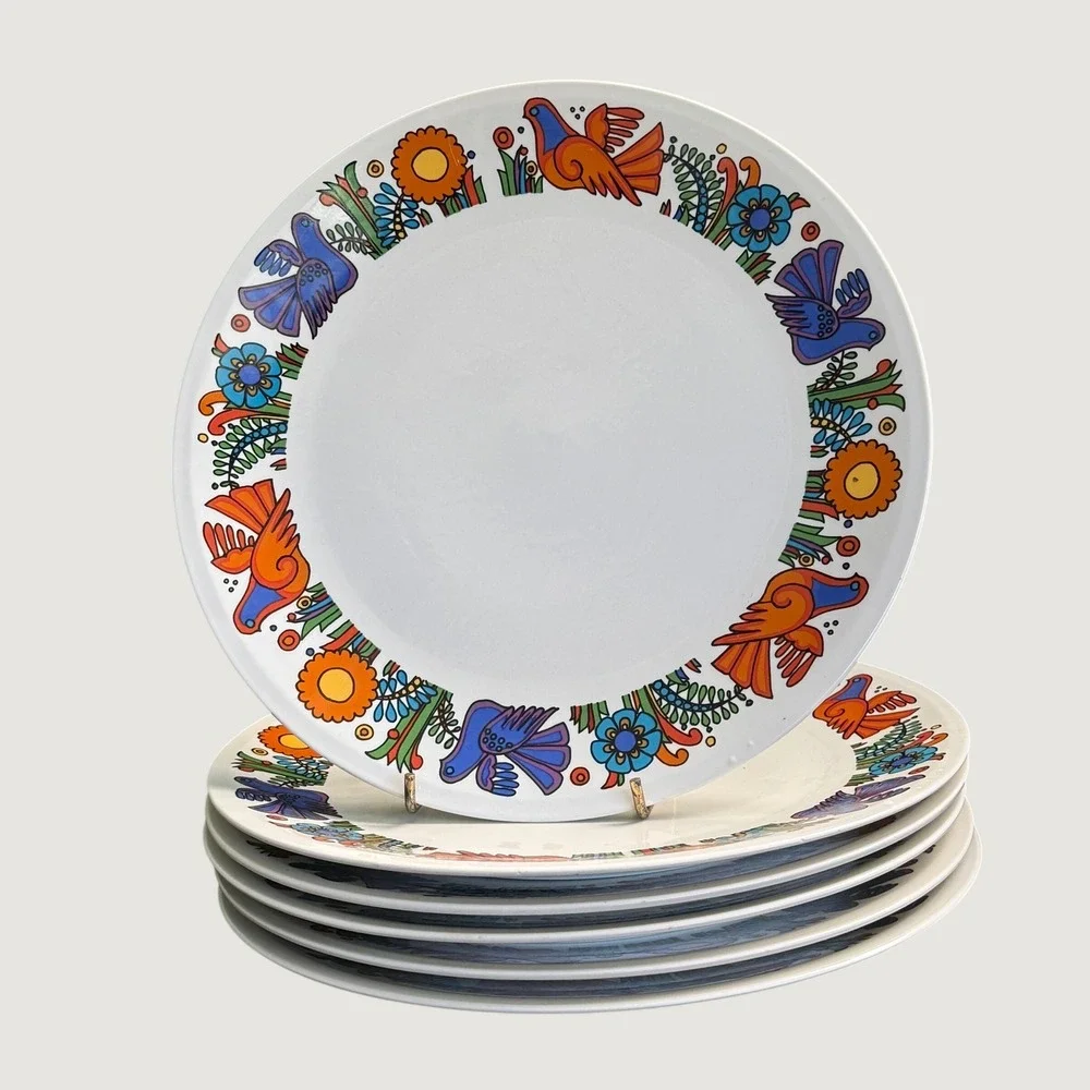 Six Villeroy & Boch Acapulco Dinner Plates MCM Bird Floral Mexican Folk Art